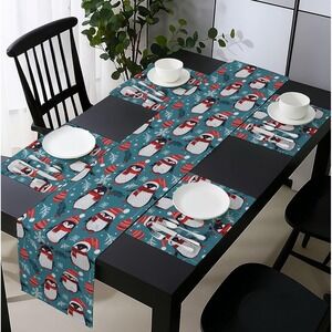 Penguin Holiday Table Runner & 4 Placemats 100% Polyester Water Resistant NIB